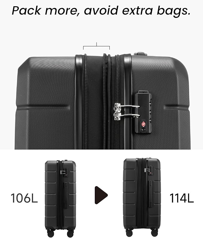 YOETEY 28 Inch Checked Luggage with Spinner Wheels, 106L Large Expandable Hardside Suitcase with TSA Lock, Durable ABS Hard Shell for Family Vacation and International Travel (28 in, Black)