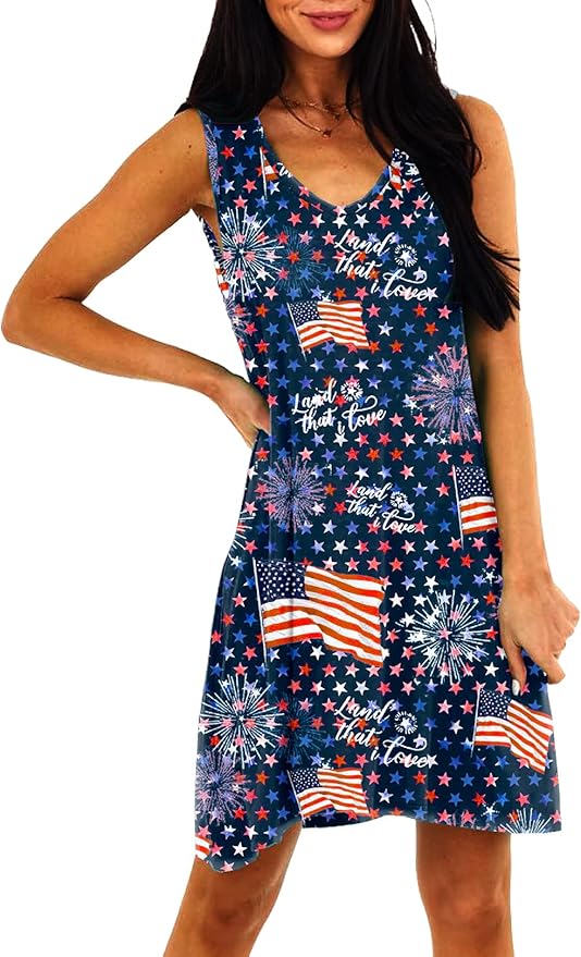 Deerose Women 4th of July Sleeeveless Dress Patriotic V Neck Tank Dresses with Pockets
