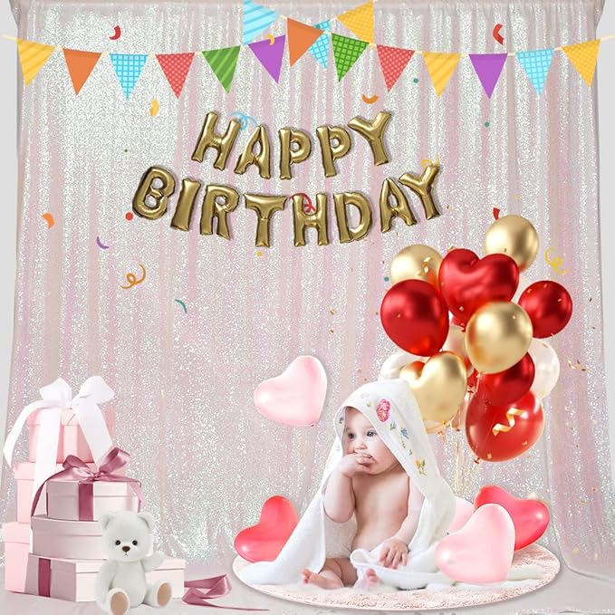 PartyDelight Iridescent White Sequin Backdrop 6x6ft - High Density 3mm Shimmer Sequin Background with 4-Inch Rod Pocket, Sparkly Photography Curtain for Birthday, TikTok & Live Decor