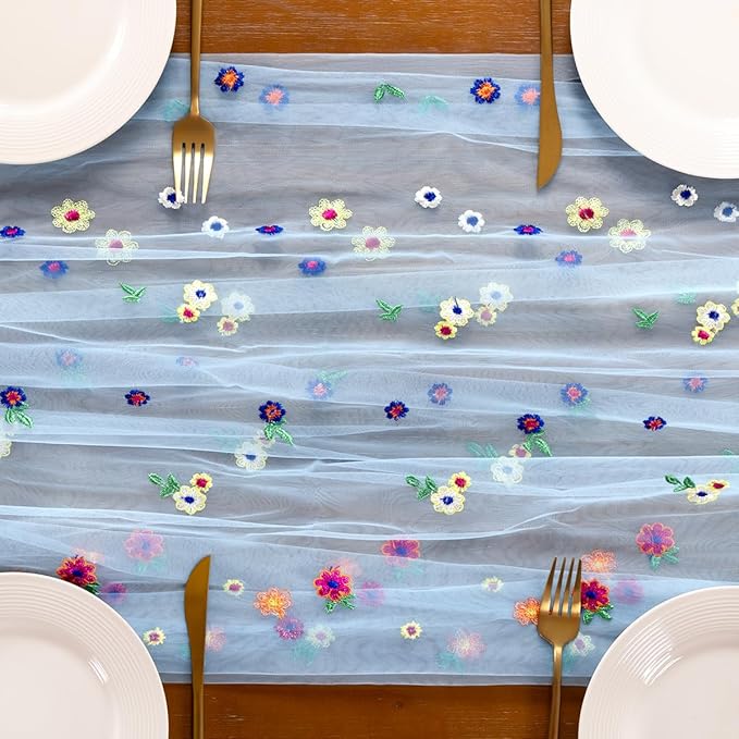 Socomi Embroidery Daisy Spring Easter Floral Wildflower Tulle Gauze CheeseclothTable Runners for Wedding Party Baby Shower Birthday Holiday Picnic Home Decor Blue 3pcs