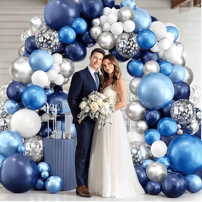 Blue White Silver Balloons Arch Kit, Navy Blue and White Balloons with Metallic Dark Light Blue Silver Conftti Balloons Garland for Graduation Birthday Party Bridal Shower Anniversary Decoration