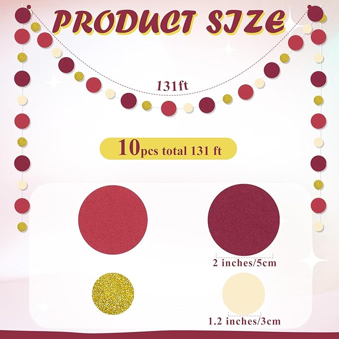 Outus 10 Pieces Maroon,Gold Round Dots Garland Easter Graduation Party Hanging Decor Each Length 13.1ft Glitter Paper Dot Streamers for Birthday Wedding Classroom