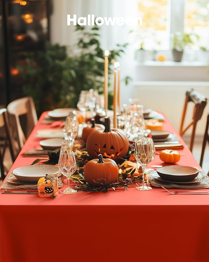 Pureegg Plastic Table Cloth Disposable 10 Pack, 54 x 108 Inch Table Cloths, Halloween Party, Thanksgiving Decorations, Harvest, Fall Tablecloths, Rectangle Tables, Leakproof & Sturdy, Orange