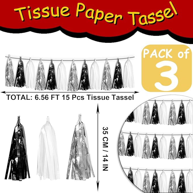 3P Black Silver White Metallic Fringe Tassel Banner Garland Foil Tinsel Streamer Wall Hanging Curtain Backdrop Banner for Parade Floats, Graduation Decorations, Halloween, Christmas Decorations