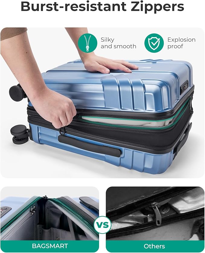 BAGSMART Expandable Carry On Luggage 22x14x9 Airline Approved, 1OO% PC Lightweight Hard Shell Suitcase, 20 Inch Travel Luggage with Spinner Wheels, Waterproof Rolling Suitcase,Blue