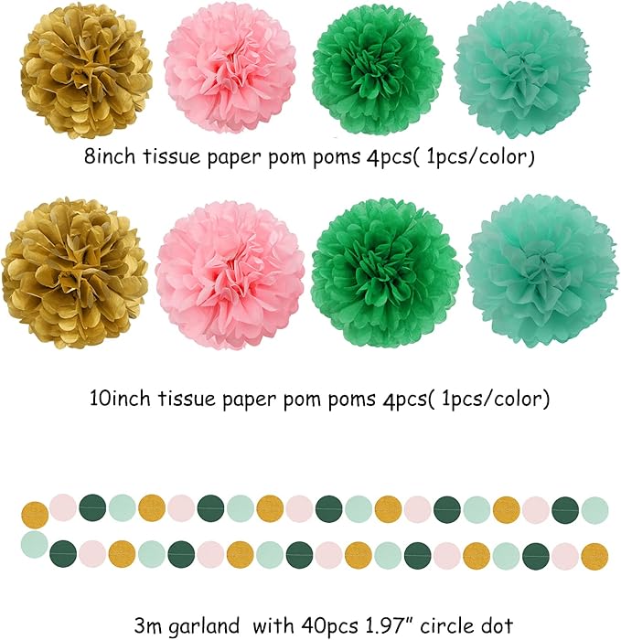 Sage-Green Pink-Gold Baby Bridal-Shower Decorations - 30pcs Rustic Wedding Tissue Pom Poms,Tassel Garland Banner,Birthday Bachelorette Engagement Valentines Mothers Day Party Decor Lasting Surprise