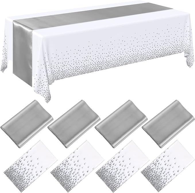 Breling 8 Pack White and Silver Disposable Plastic Tablecloths and Satin Table Runner Set, 54 x 108 Inch Tablecloth, 12 x 108 Inch Table Runners for Wedding Graduation Birthday Baby Shower New Year