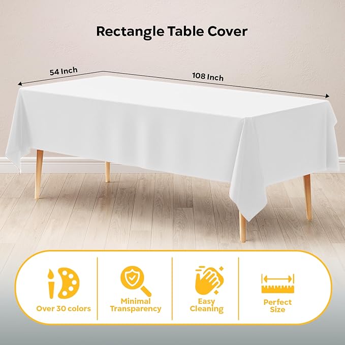 Exquisite 6-Pack Plastic Tablecloth 54x108 Rectangle Value Pack Plastic Table Cover - White