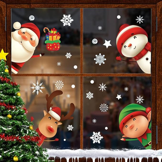 XIMISHOP 82PCS Christmas Snowflake Window Clings Stickers for Glass, Xmas Decals Christmas Decorations Indoor Holiday Snowflake Santa Claus Reindeer Decals for Party