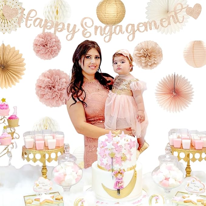 Champagne-Gold Fall Boho Happy-Engagement Party-Decorations - 21pcs Women She Said Yes Proposal Banner Streamers, Beige One Sweet Peach Paper Lanterns,Flower Tissue Pom Poms Fan Favors Decor Huglony
