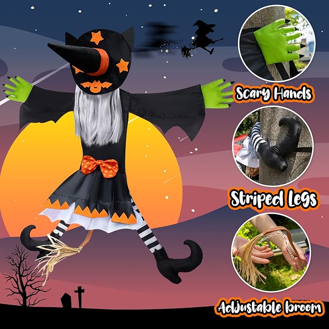 Crashing Witch Decor, Halloween Decorations Clearance Outdoor Witch Props Ornaments, Hanging into Tree/Porch Pole/Door/Indoor/Yard, with Adjustable Band, Outside Garden Funny Witches Flying Crashed
