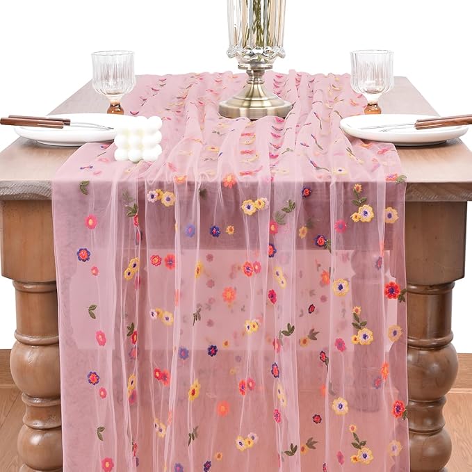 Joanlody Blushing Pink Embroidery Daisy Valentine’s Day Table Runner Florals Seasonal Easter Tulle Table Runner Holiday Kitchen Dining Table Decoration for Home Party Indoor