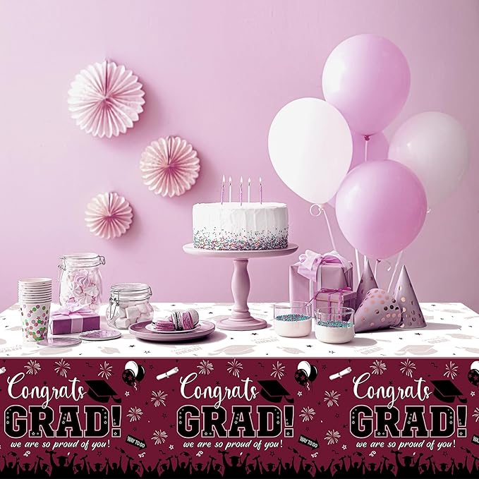 6 Pack Graduation Tablecloth Party Decorations, Class of 2026 Congrats Grad Plastic Tablecover Party Supplies, Maroon Rectangle Graduation Table Decorations for College High School Party, 54 x 108Inch