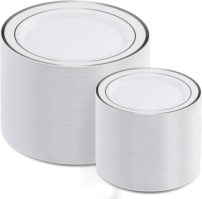 AOZITA 200Pcs Silver Plastic Plates, Disposable Plastic Party Plates for Party, Wedding and Birthday