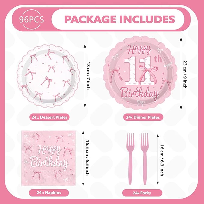 96Pcs Pink Bow Party Supplies Coquette 11th Birthday Party Plates and Napkins Disposable Bow Themed Tableware Set for Girl Happy 11th Birthday Baby Shower Decorations, Serves 24