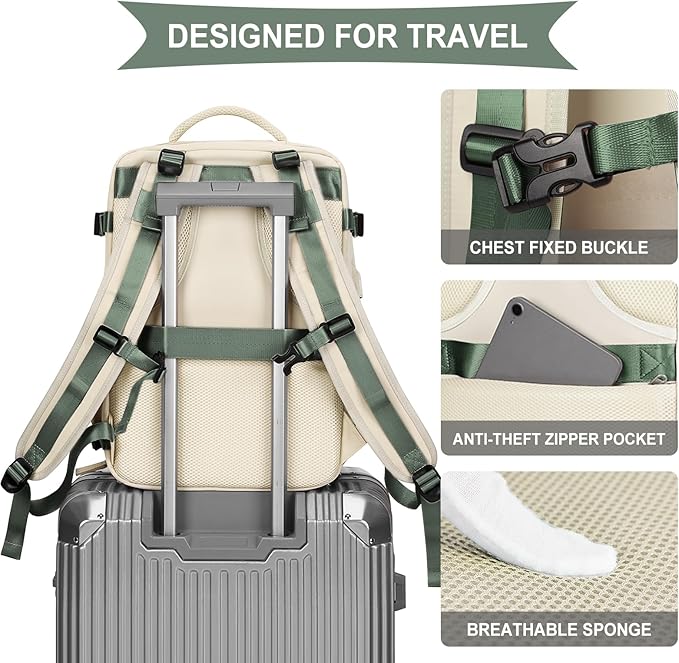 coowoz Large Travel Backpack for Women Men,Carry On Backpack Flight Approved,Hiking Backpack Outdoor Rucksack Casual Daypack Fit 15.6 Inch Laptop Shoes Compartment White Green L