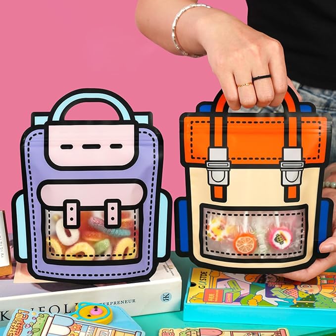 30 Pack Cartoon Backpack Goodie Bags Clear Gift Candy Bags with Handle Small Plastic Ziplock Seal Bag Smell Proof Resealable Packaging Storage Bag Candy Bag Party Favor Birthday(Purple)