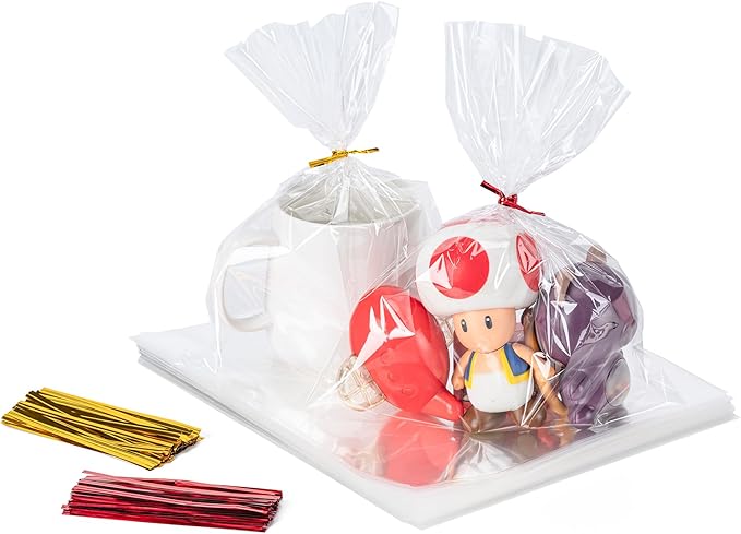 Aegero Cello Cellophane Treat Bags, 200 Pcs 8x10Inches Clear Cellophane Bags with 200 Twist Ties for Gift Wrapping,Packaging Candies,Dessert,Bakery,Party Favors