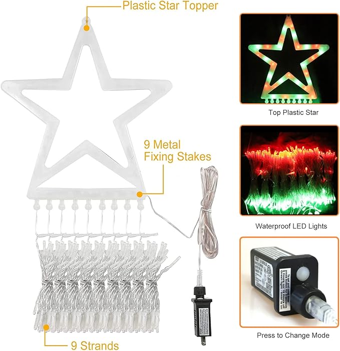 Christmas Decorations Star String Lights, 320 LED Waterfall Tree Lights with 13" Topper Star 8 Lighting Modes Indoor Outdoor Decorative for New Year, Holiday, Wedding, Party