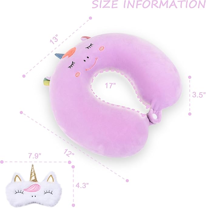 Sexysamba Cartoon Headrest & Neck Pillow for Kids Boys & Girls, Teens, Travel Accessories for Airplane, Car, Recline, Memory Foam Cute Travel Pillow with Sleep Eye Mask - Purple Unicorn