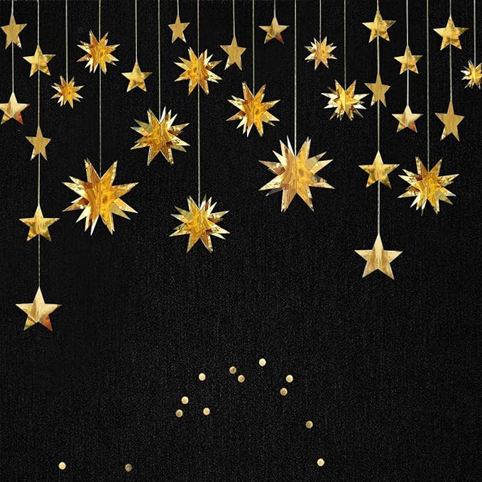 pinkblume Gold Party Decorations Star Garlands Streamer Gold 3D Stars Metallic Paper Hanging Bunting Banner for Birthday Wedding Baby Bridal Shower Holiday Christmas Ramadan EID Mubarak Party Supplies