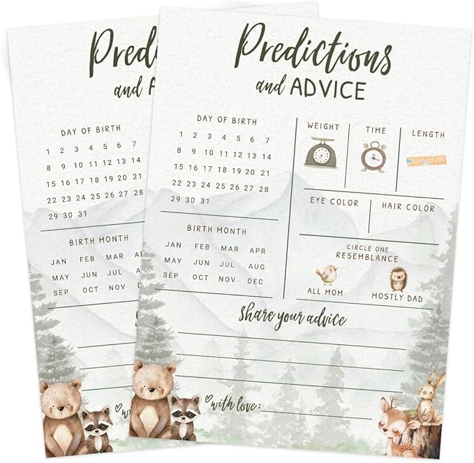 Printed Party Baby Predictions & Advice Cards – Woodland Adventure Baby Shower Game, Adorable Forest Animals Theme for Boy, 30 Pack