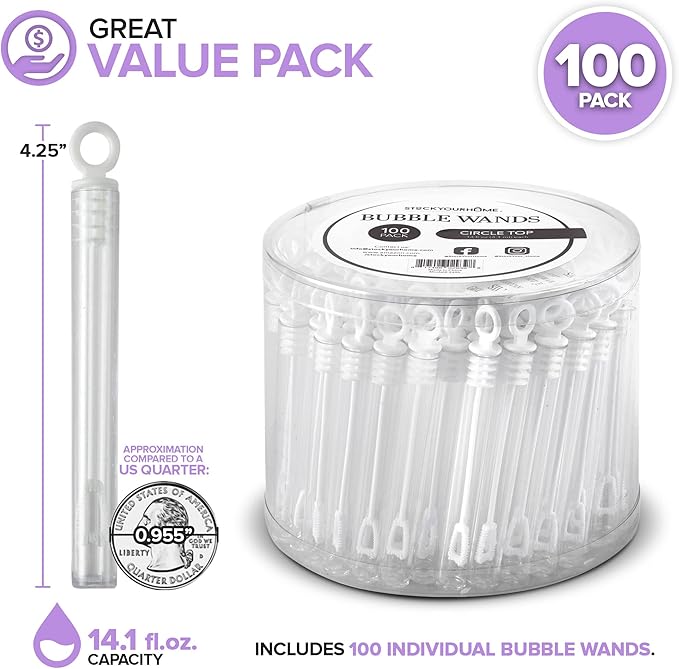 Wedding Bubbles Bulk - White Circle Top Wands (100 Count) Individual Mini Bubble Wand Favors for Weddings, Celebration Party Favor for Guests - Stock Your Home