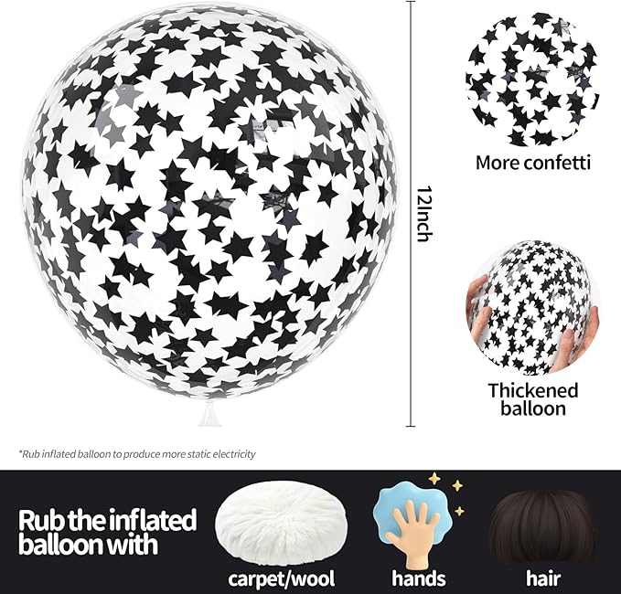 VHUWE 25 Pcs Black Star Confetti Balloons, 12 Inch Clear Latex Balloon with Confetti Inside for Birthday Party Baby Shower Graduation Engagement Bridal Shower Decorations Supplies - Star Confetti