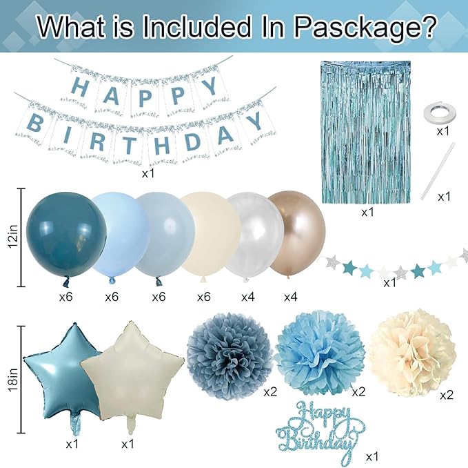 Blue Birthday Decorations, Retro Dusty Blue Sand White Gold Party Balloon Kit with Happy Birthday Banner Fringe Curtain Background Pom Poms Cake Topper for Baby Boys Girl Women Men Bday Decor Supplies