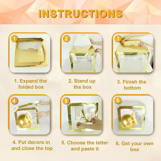 Ledido Gold Transparent Balloon Boxes With 78 Letters & Numbers, Baby Boxes with Letters for Baby Shower Clear Letter Boxes for Party Graduation Wedding Birthday Baby Shower Decorations 6 PCS