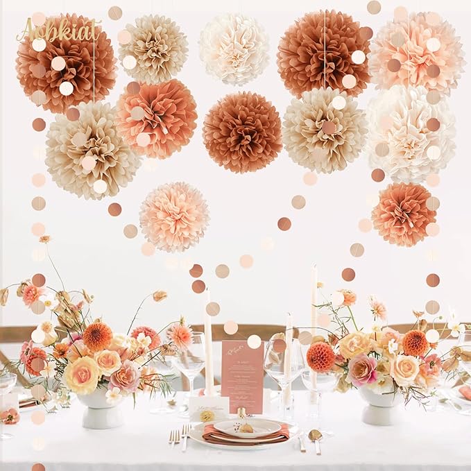 AOBKIAT Boho Fall Wedding Baby Shower Decorations,15PCS Brown Peach Tissue Paper Pom Poms,Circle Dots Colorful Paper Garland String Hanging Backdrop for Birthday Party,Retro Bridal Shower Engagement