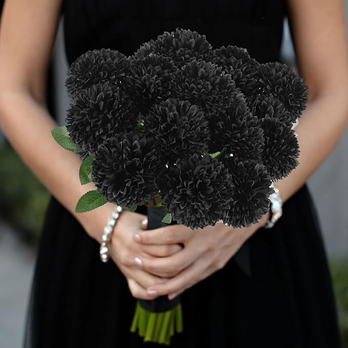 Hananona 12 Pcs Artificial Chrysanthemums Flowers Ball Flower, Fake Mums Flowers Black Silk Plants for Ghothic Home Decor Indoor Floral Arrangement Halloween Table Centerpiece (12, Black)