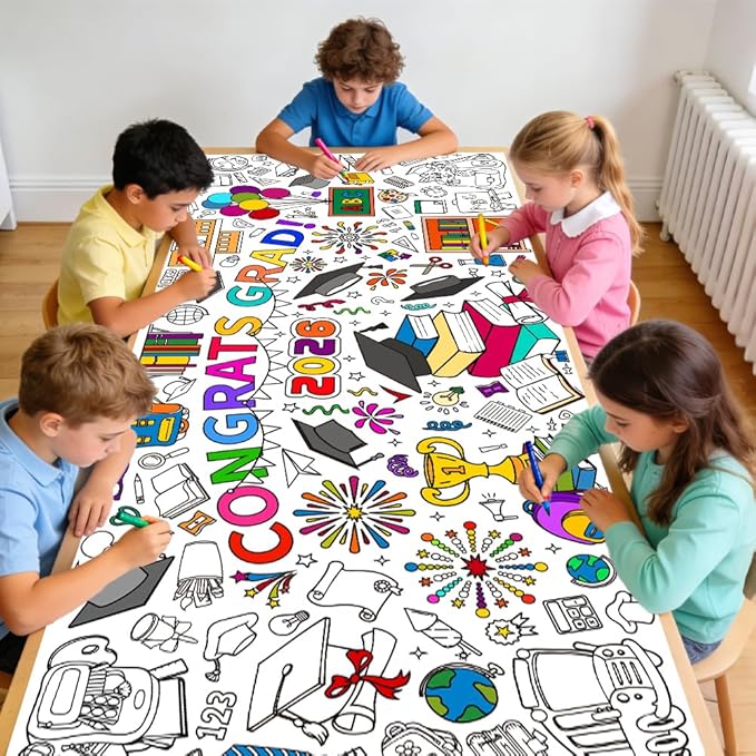 2 PCS Congrats Grad Coloring Tablecloth/Poster, Kindergarten Graduation Gifts, 72" X 30" Gaint Paper Coloring Tablecloth for Kids Crafts Activities, DIY Kindergarten Preschool Graduation Decorations