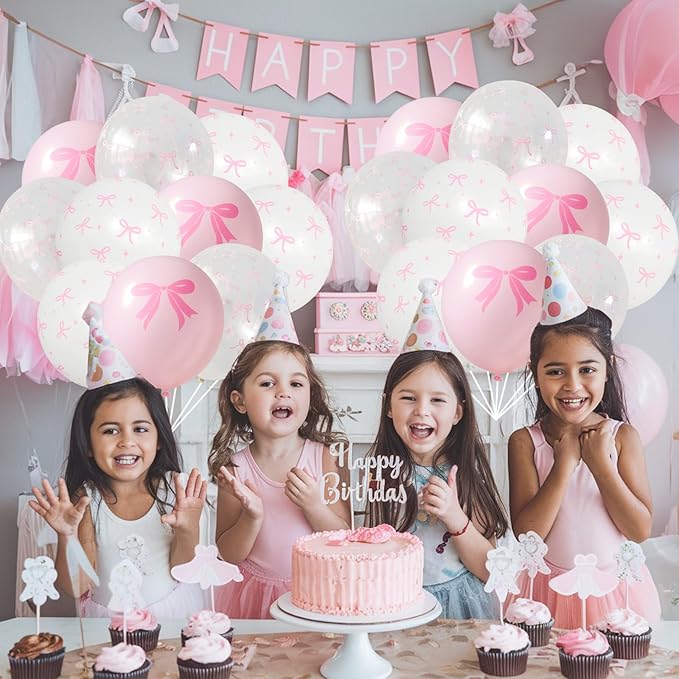 Pink Bow Balloons, 35PCS Light Pastel Pink Clear White Bow Latex Balloon for Girls Women Wedding Bridal Baby Shower Bachelorette Engagement Princess Coquette Birthday Theme Party Decorations Supplies