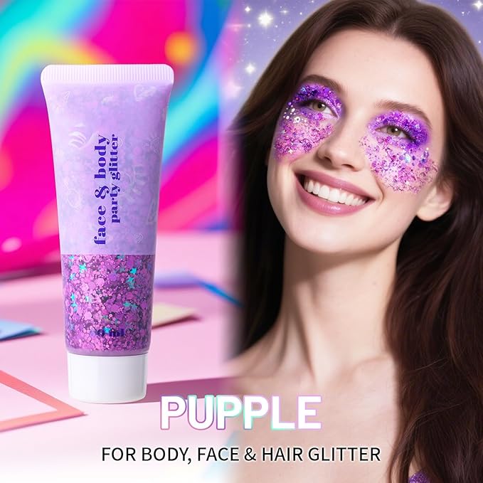 DAGEDA Purple Body Glitter Gel, Holographic Face Glitter Body Gel Rave Party Accessories, Chunky Glitters for Face Hair Nails, Cosmetic Laser Powder Festival Sequins Paint Makeup