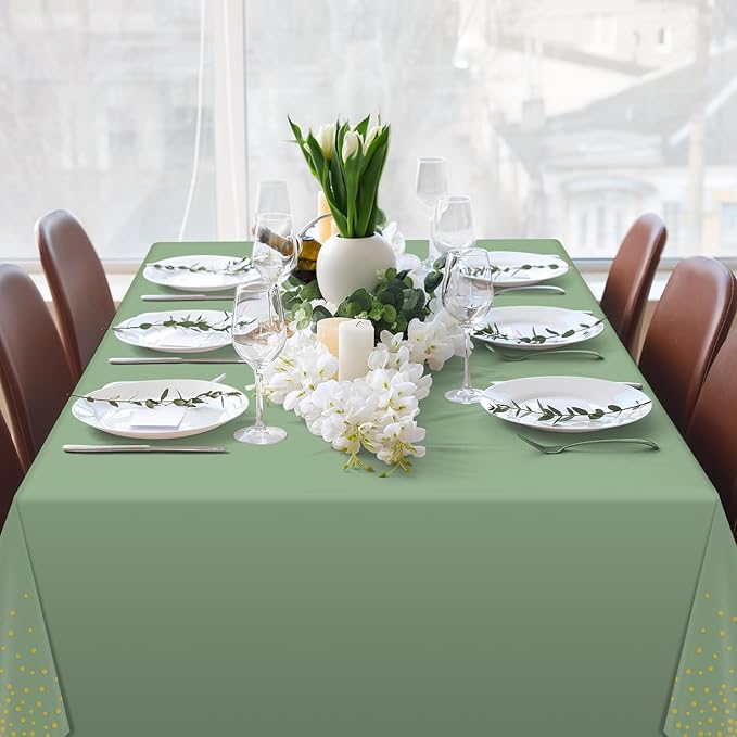 FunnyPars 1 Pack Sage Green and Gold Plastic Tablecloth, Green Disposable Table Cloth for Rectangle Tables, Gold Dot Light Green Tablecloth for Baby Shower Birthday Wedding Party Decorations, 54"x108"