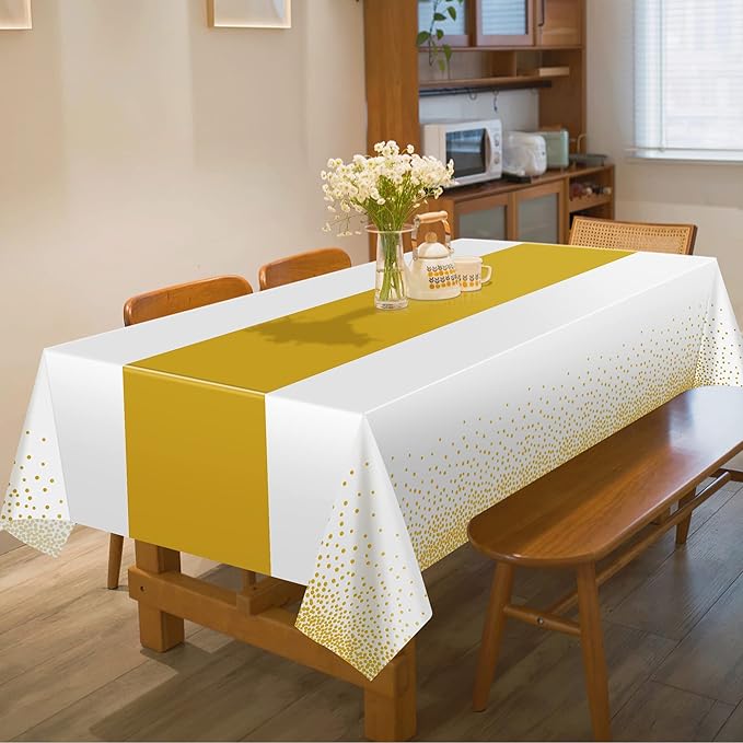 OHOME 4 Pack Disposable Plastic Table Cloths for Parties,White and Gold Rectangle Table Covers for Fall Decor Wedding Bridal Shower Birthday | Baptism First Communion Decorations 54" x 108"