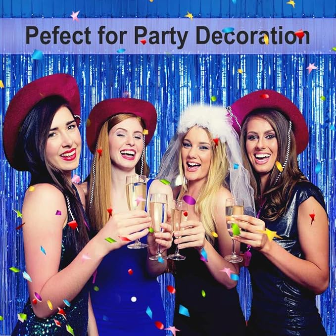 Blue Foil Fringe Curtain- 4 Pack of 3.2x8.2ft Blue Streamers Backdrop Curtains for Party Decorations