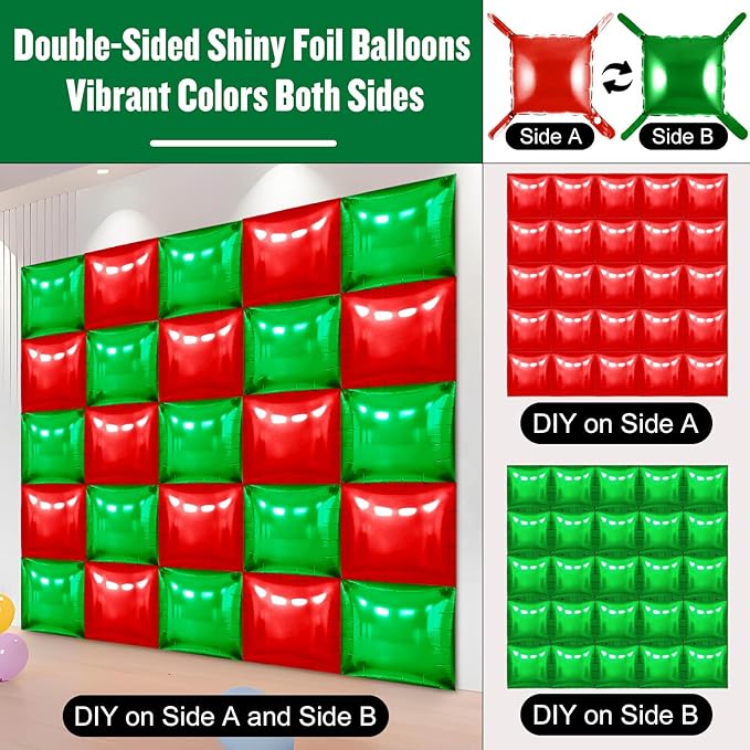 36Pcs Red and Green Square Foil Balloons Wall Backdrop, Double Sided Metallic Foil Balloons Tunnel Arch Garland Kit for Photo Booth Birthday Wedding Halloween Christmas Party Decorations