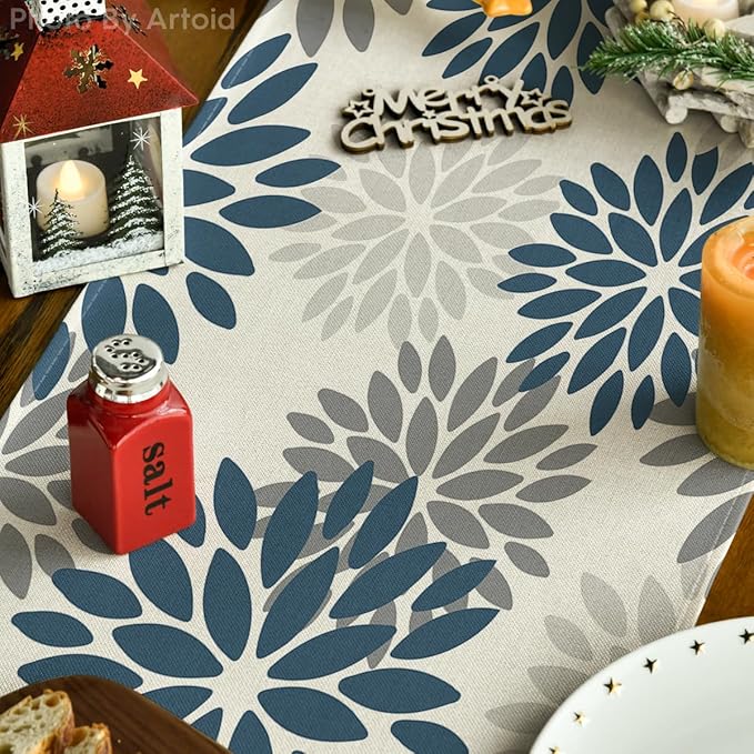 Artoid Mode Dahlia Aqua Floral Pinnata Flower Winter Table Runner, Seasonal Summer Holiday Kitchen Dining Table Decoration for Home Party Decor 13x90 Inch