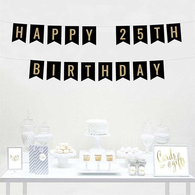Andaz Press Faux Gold Glitter on Black Birthday Party Banner Decorations, Happy 25th Birthday, Approx 5-Feet, 1-Set, Milestone Colored Hanging Pennant Decor