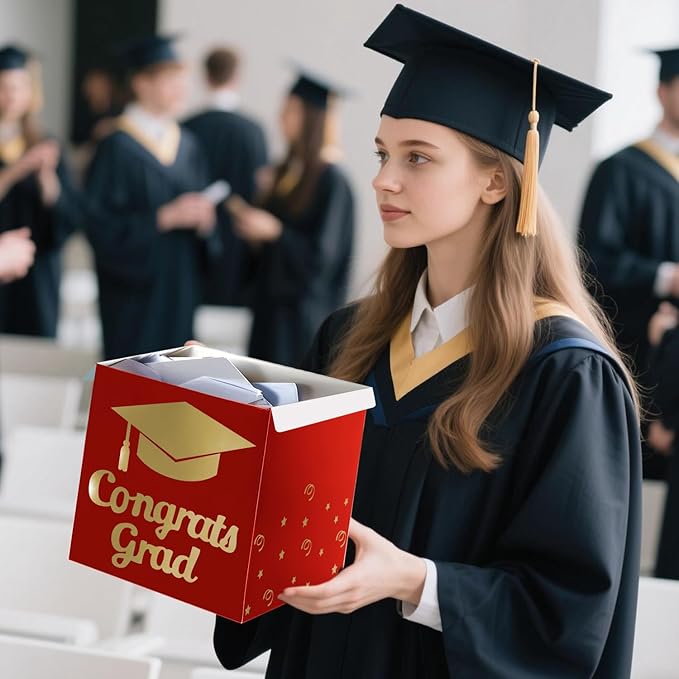 Graduation Card Box Holder, Congrats Grad Foldable Cardboard Decorations Box for Graduation Party Decoration and Grad Parties (Red)