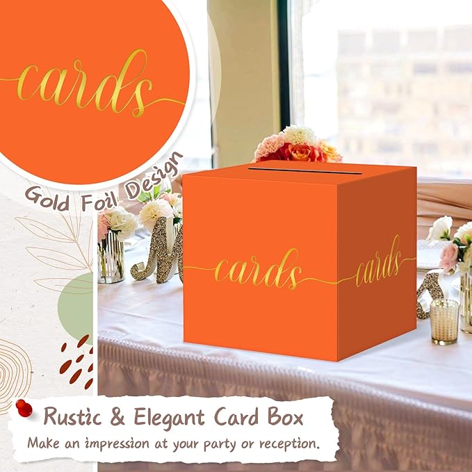 QIKSION Orange Graduation Card Box, Gold Foil Gift Card Box for Party, Graduation, Wedding Reception, Birthday, Baby Shower, Raffle