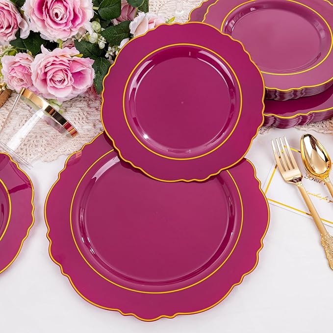 Liacere 350PCS Red Plastic Plates-Disposable Burgundy Red and Gold Plates 50guest Baroque Plastic Dinnerware include 100Plates, 50Pack Pre Rolled Napkins with Silverware 50Cups for Christmas