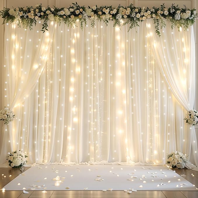 10ft x 10ft Ivory Chiffon Backdrop Curtain with Lights String for Parties,2 Panels Sheer Tulle Curtain Wedding Photo Backdrop with Lights for Baby Shower Birthday Party Ceremony Home Decorations