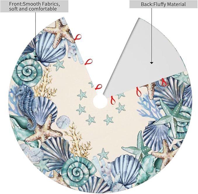 Summers Shell Coastal Wreath Beach Starfish Sea Theme Seahorses Christmas Tree Skirt Xmas Tree Mat Halloween Christmas Tree Ornaments Decorations Holiday Party Indoor Outdoor 30"