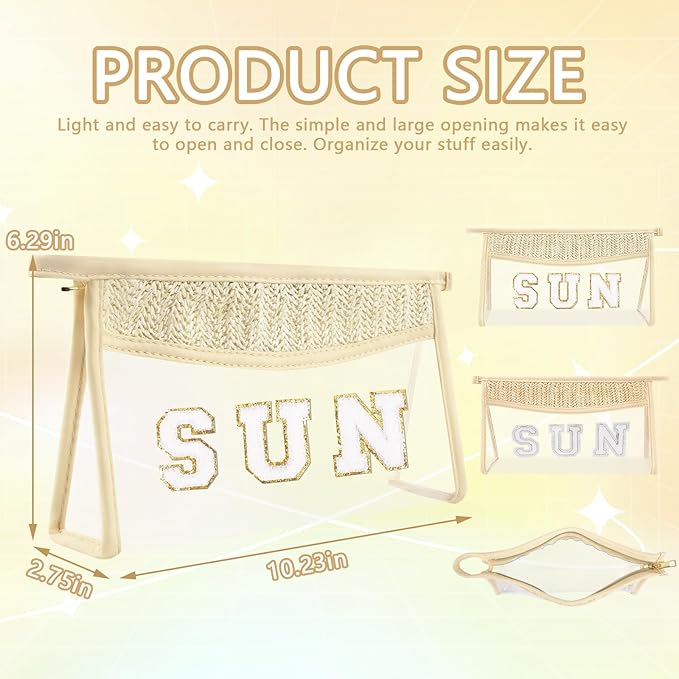 Iqimott 2Pcs Boho Patch SPF Bag Clear Letter Sun Bag, Waterproof Zipper Makeup Bag Toiletry Pouch for Women Girls, Clear Letter Patch Cosmetic Bag Transparent Organizer Pouch for Travel(SPF, Sun)