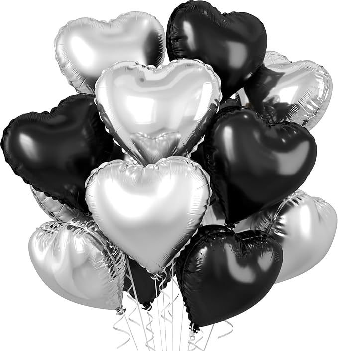 Black Silver Heart Balloons, 10 Pcs 18 Inch Metallic Silver Black Heart Shaped Balloon Foil Balloons Helium for Boys Men Brithday Bridal Baby Shower Valentines Day Halloween Party Decorations