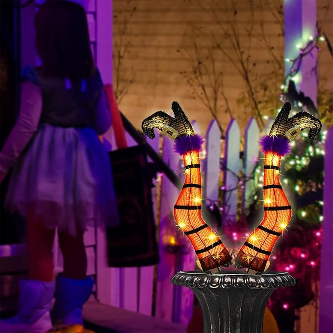 Juegoal Set of 2 Halloween Lighted Wicked Orange Witch Legs with Stakes, 22" Light Up Tinsel Halloween Yard Sign Prop Timer & 8 Modes, Battery Operated for Outdoor Party Haunted House Garden Decor