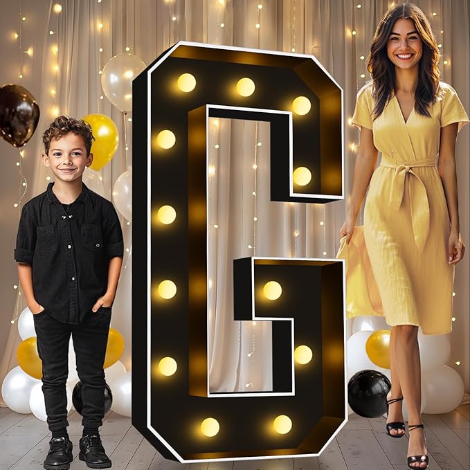 Pooqla 4 FT Marquee Light Up Letters, Black Letter Lights 4 Feet Tall, Giant Sign Big Mosaic for Balloons Birthday Party Anniversary Wedding Decorations, Warm White G